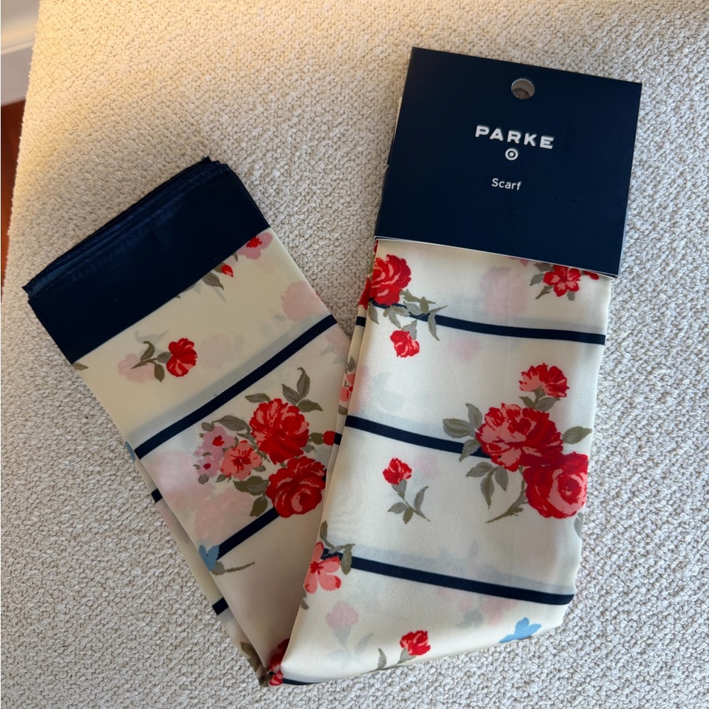 Parker Cream Scarf with Red Floral Print and Navy Stripe